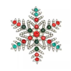 Festive Sparkling Snowflake Brooch with Red and Green Faux Gems - New!